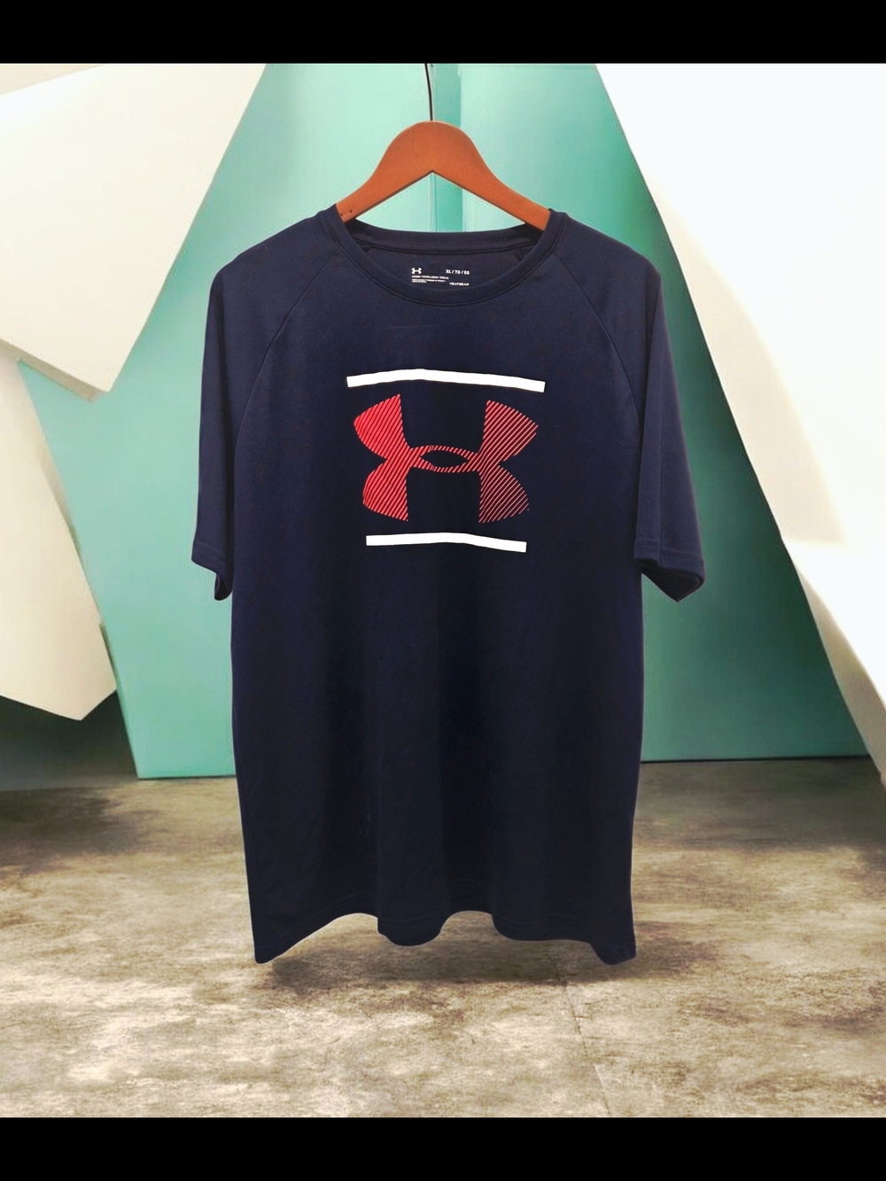 Under Armour Navy Short Sleeve Tee with Red Logo and White Accents